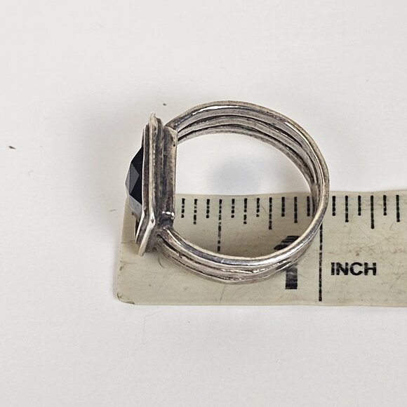 Vintage Sterling Silver Garnet Ring Sz 8.25 Square Wide Cut Out Wavy Band Chunky - Picture 10 of 16